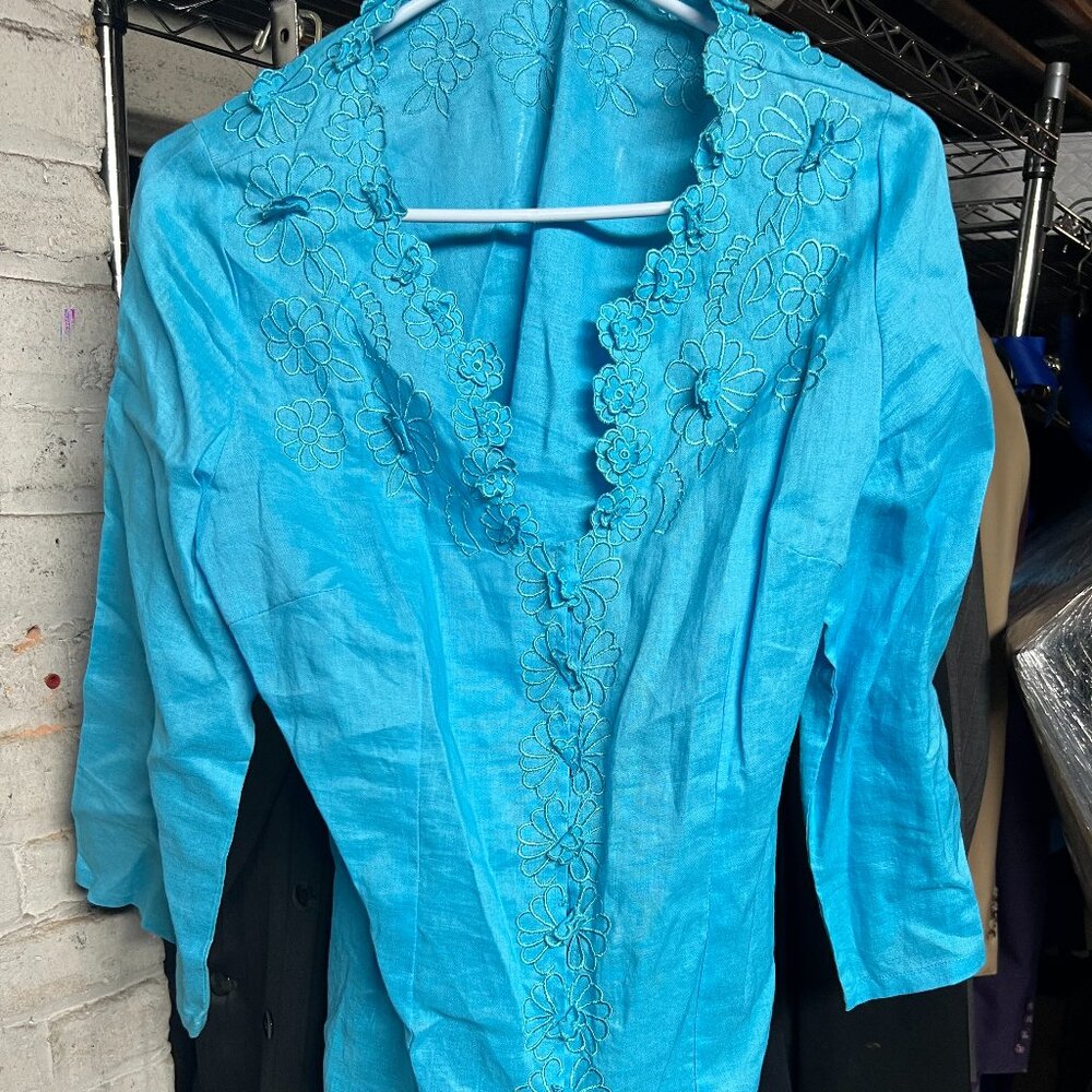Floral Teal - Eveningwear - 1960s Vintage Vibe - Appraisal Top - Size M